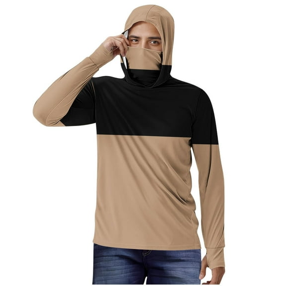 OHMZYZO Sun Protection Shirts for Men with Mask UPF 50 Rash Guards Cooling Hoodies Lightweight Long Sleeve Fishing Blouses Khaki M