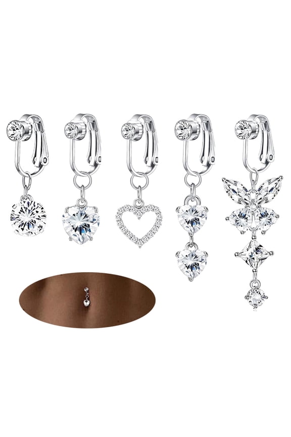 5PCS Gold Fake Belly Piercing Set  Clip-On Non-Piercing Navel Rings with CZ