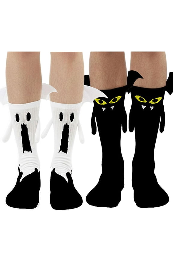Magnetic Holding Hands Socks (2 Pairs) - Unisex Halloween Skull Style with 3D Eyes, Cute Couple Festive Gift