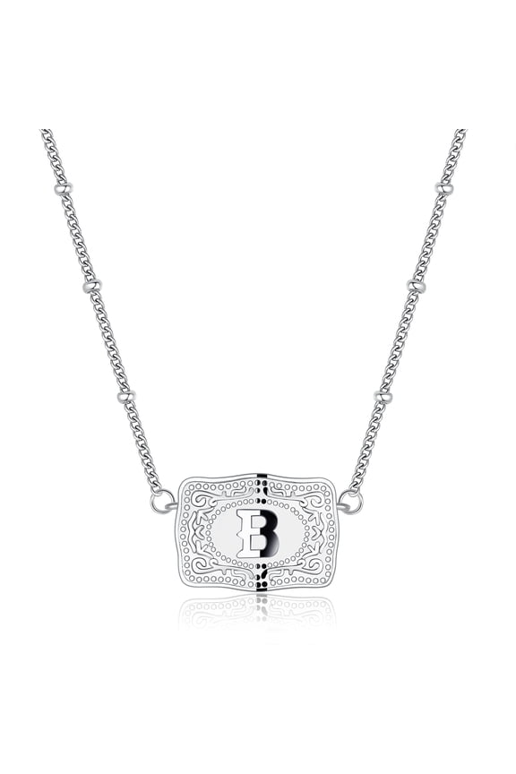 Rhodium-Plated Initial Letter Belt Buckle Necklace with Chain (Perfect Valentine's Day Gift)