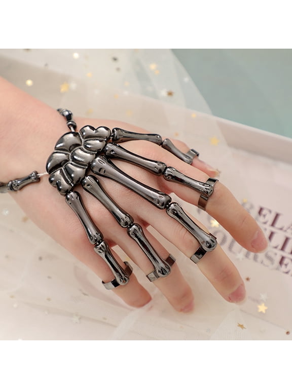 Hand Bracelet, Black Metal Skeleton Finger Glove Chain, 1 Piece Cosplay Costume Accessory