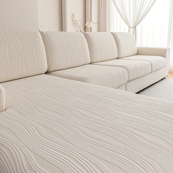 OHSIO Sectional Couch Covers, Wear Resistant Stretch Sofa Covers Washable Couch Cushion Covers Anti Slip Furniture Protector Slipcovers for Pets (1 Piece Armrest Cover, Ivory, Ripple Stripe)