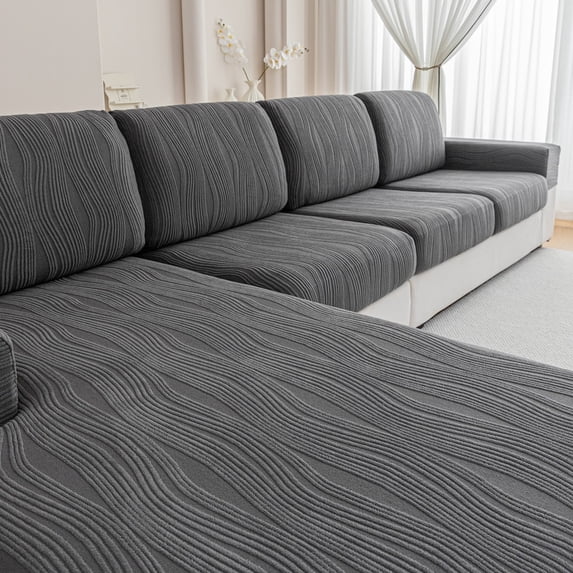 OHSIO Sectional Couch Covers, Wear Resistant Stretch Sofa Covers Washable Couch Cushion Covers Anti Slip Furniture Protector Slipcovers for Pets (1 Piece Armrest Cover, Dark Gray, Ripple Stripe)