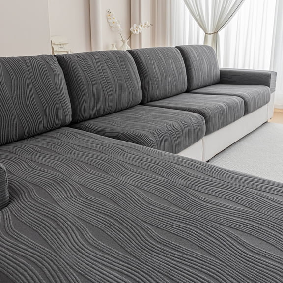 OHSIO Sectional Couch Covers, Wear Resistant Stretch Sofa Covers Washable Couch Cushion Covers Anti Slip Furniture Protector Slipcovers for Pets (1 Piece Armrest Cover, Dark Gray, Ripple Stripe)