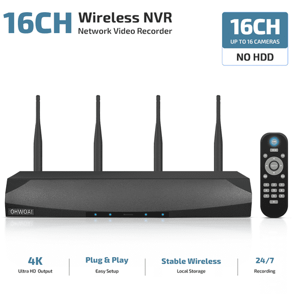 OHWOAI 4K Wireless NVR Recorder, 4 Antennas, Remote Viewing, No HDD