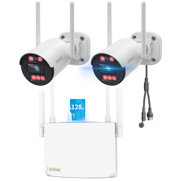 OHWOAI 3MP Wireless Security Camera System, 2 WiFi Cameras with Mini NVR (App View Only), 130° Wide View