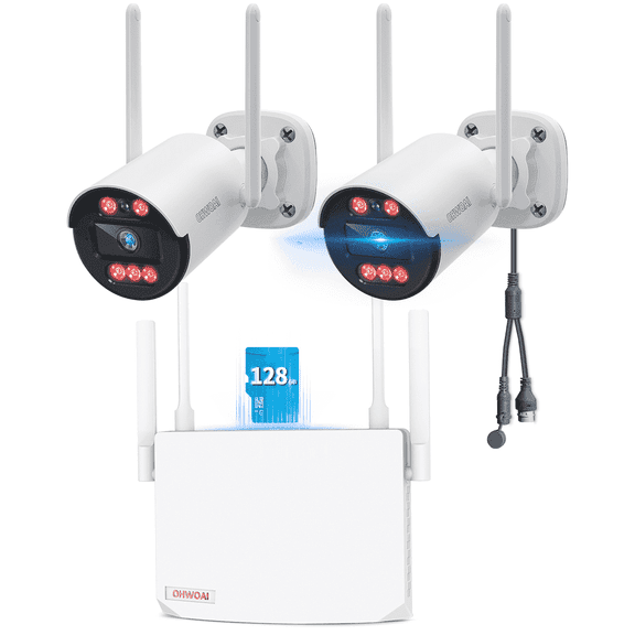 OHWOAI 3MP Wireless Home Security Camera System, 2-Camera WiFi Indoor Outdoor, 128GB NVR, Night Vision, No Subscription