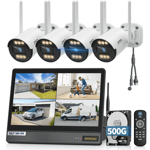 OHWOAI Wireless Security Camera System with Monitor, AI Detection, NO Monthly Fee, 4CH 500G HDD
