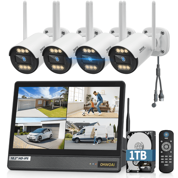 OHWOAI Wireless Security Camera System with Monitor, AI Detection, NO Monthly Fee, 4CH 500G HDD