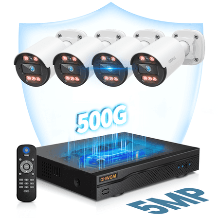 OHWOAI 5MP Wired Security Camera System, 4 Cams with 8CH DVR, 122° Wide View, 500GB HDD