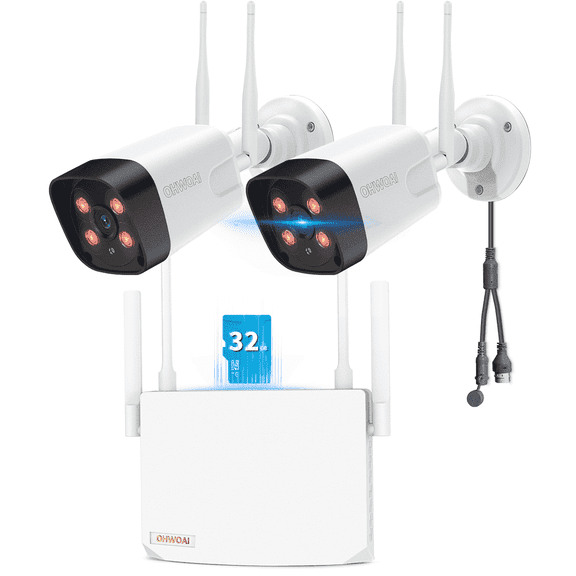 OHWOAI 5MP Wireless Security Camera System, 2 Wifi Cameras with Mini NVR (App Only), 130° Wide View