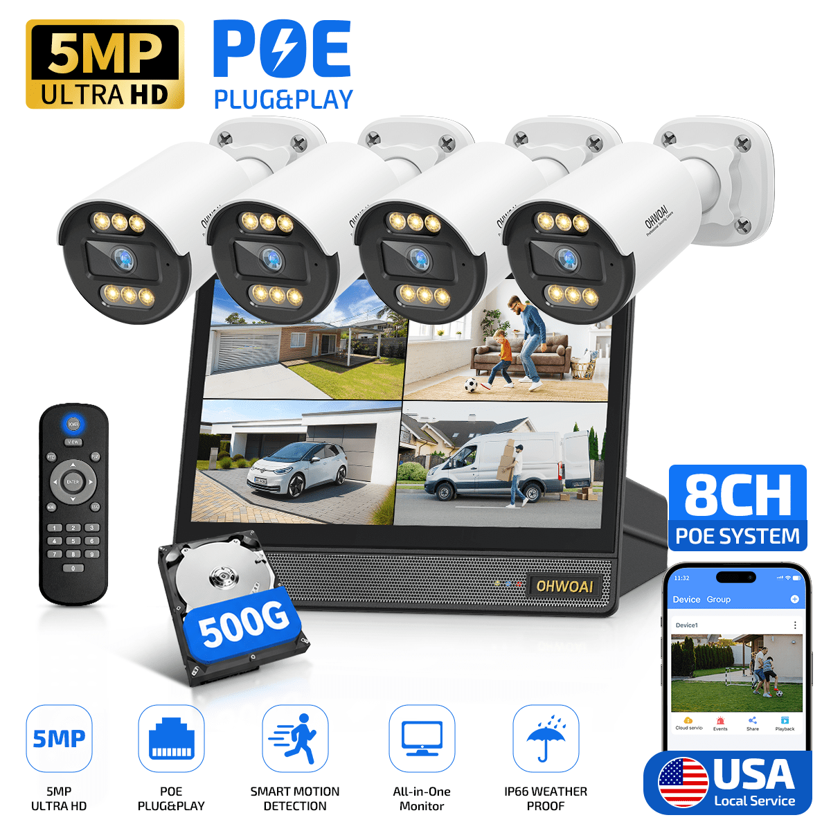 OHWOAI PoE Security Camera System with 10.1" Monitor, 4CH NVR with 500GB HDD for Home Surveillance and Outdoor Use