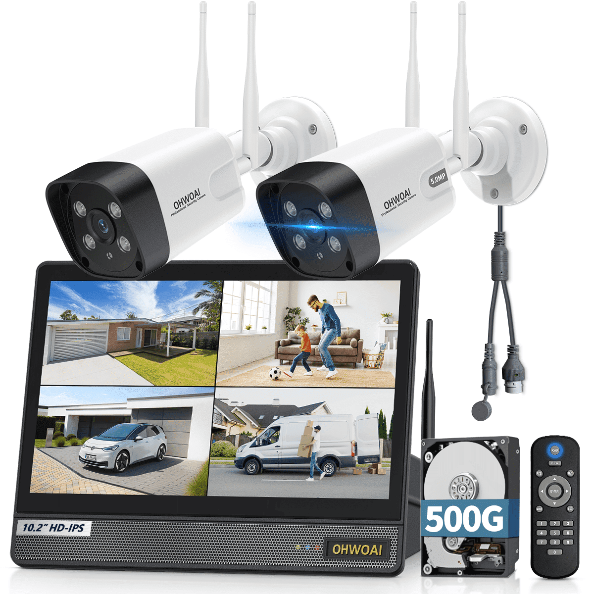 OHWOAI 5MP Wireless Security Camera System, 2 Camera Kit with Built-in LCD Monitor