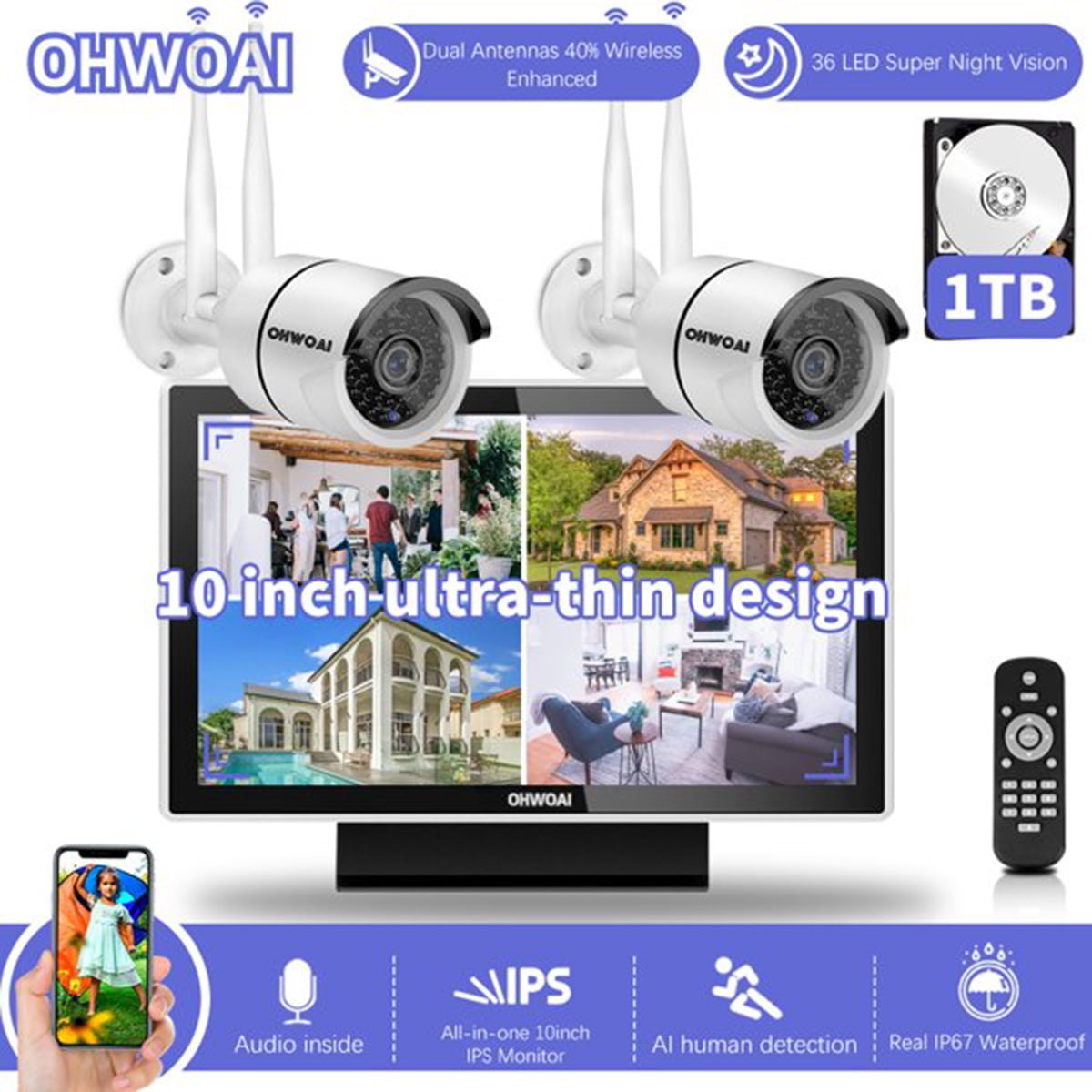 OHWOAI 8 Channel 5.0MP NVR 2pcs Wireless 2K 3.0MP Indoor/Outdoor