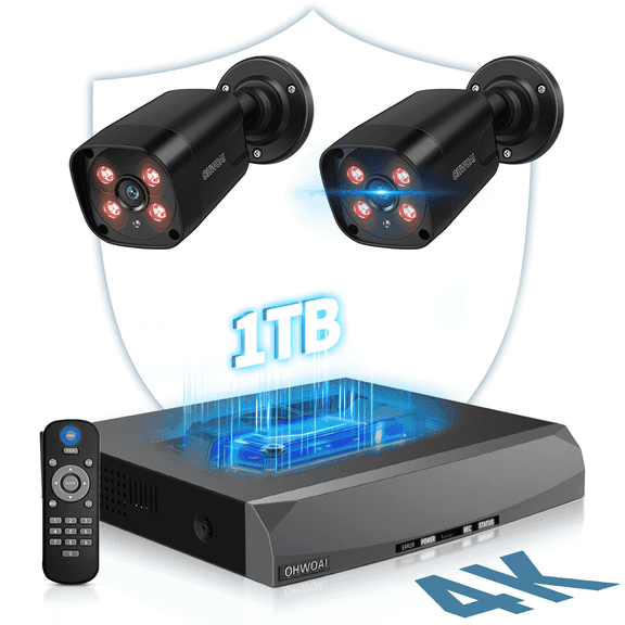 OHWOAI 4K PoE Security Camera System with AI Motion Detection, 2 Black Cams, 8CH NVR, 1TB HDD