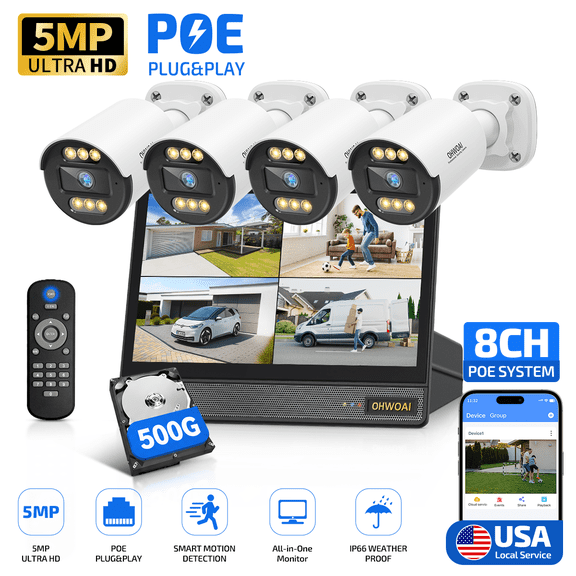 OHWOAI PoE Security Camera System with 10.1" Monitor, 4CH NVR with 500GB HDD for Home Surveillance and Outdoor Use