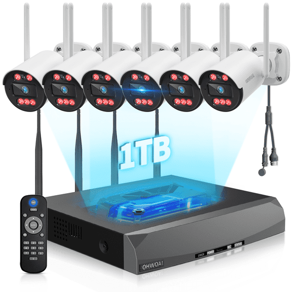 OHWOAI 3MP Wireless Security System, 6 Cameras with 16CH NVR, AI Detection, 130° Wide View