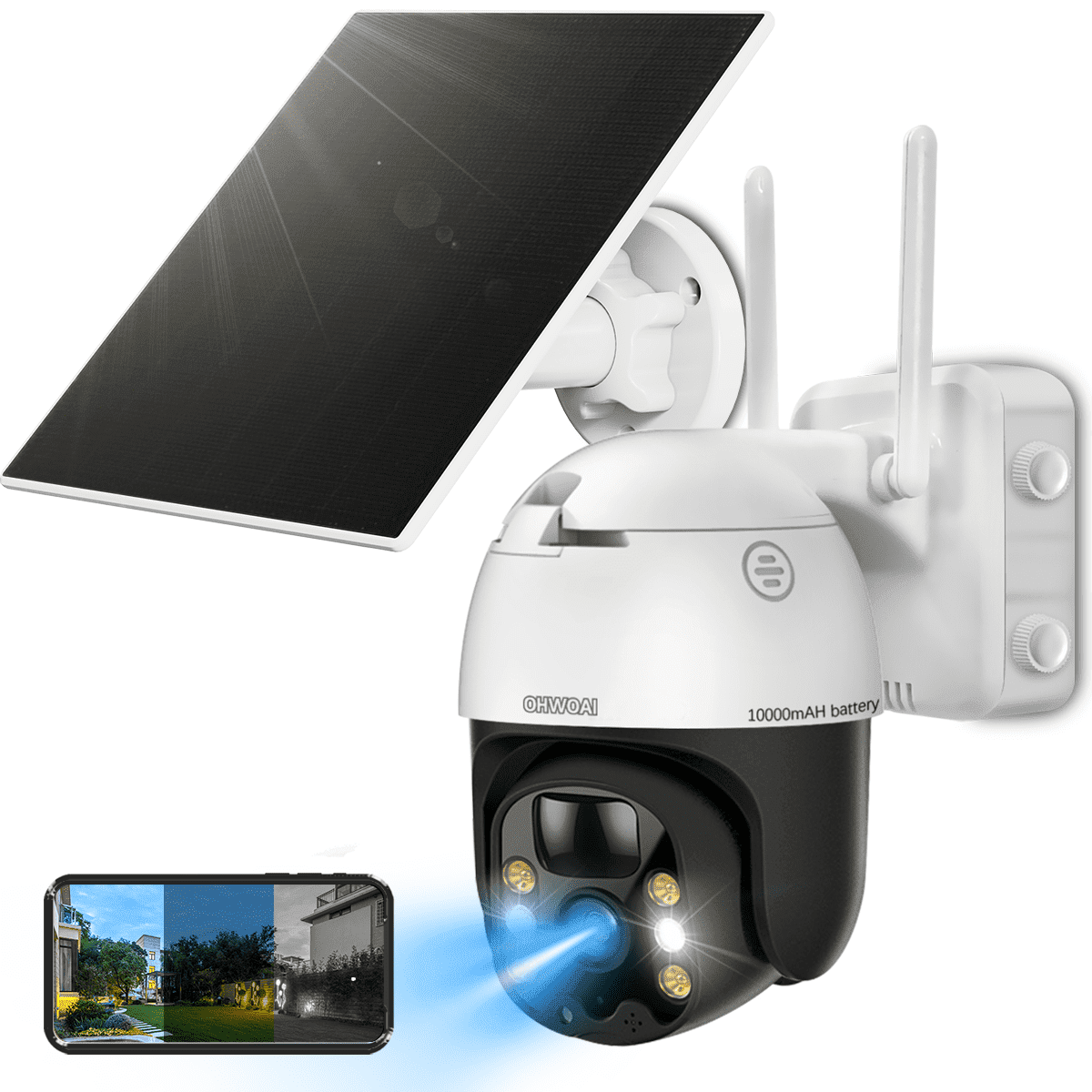 OHWOAI WiFi 360° PTZ Dome Camera,10000mAh Rechargeable Battery Wireless Surveillance Camera with Solar Panel