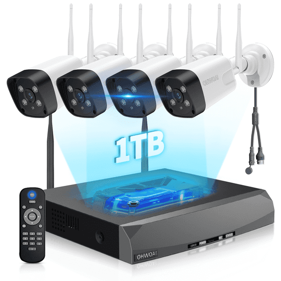 OHWOAI 5MP Super HD Wireless Security System, 4 Wifi Cameras with 16CH NVR, 130° Wide View