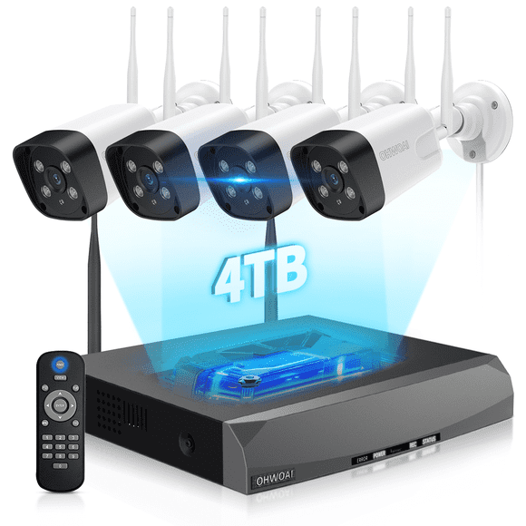 OHWOAI 5MP Dual Antennas Wireless Security Camera System, 4 Home Cameras Surveillance Wireless with 4TB Hard Drive