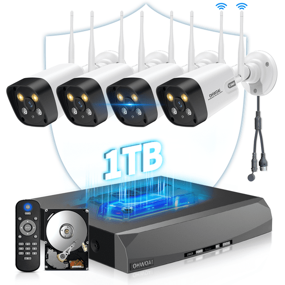 OHWOAI 5MP Wireless Security Camera System with Color Night Vision, 4 Wifi Cameras with 16CH NVR