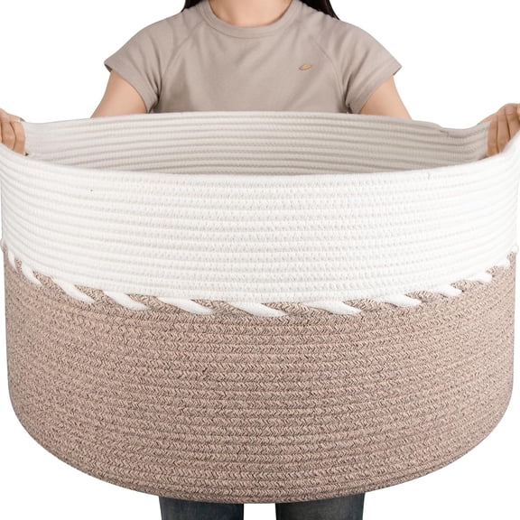 OIAHOMY 87L Extra Large Blanket Basket, 23" x 13", Jumbo Laundry Hamper, Cotton Rope Basket with Handles for Living Room,Baby Toy Storage Bins, Brown