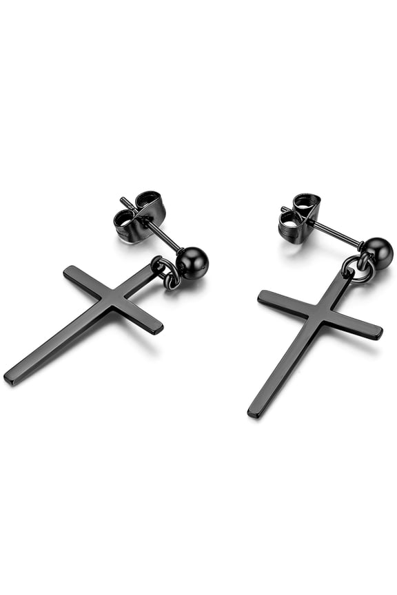 1 Pairs Black Stainless Steel Cross Dangle Studs Hinged Earrings for Men Women