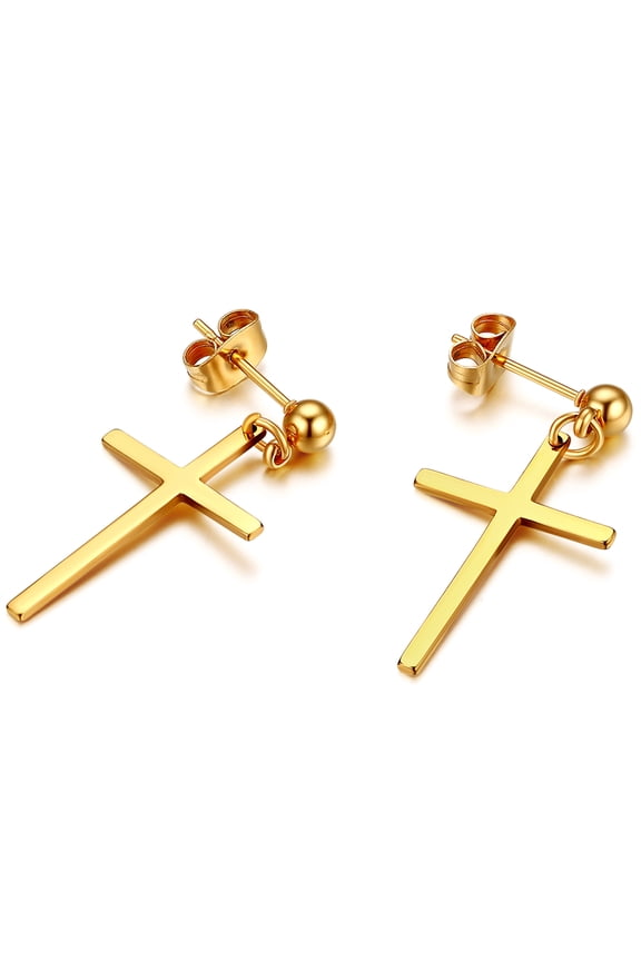 1 Pairs Stainless Steel Silver Cross Dangle Stud Hinged Earrings for Men Women-Gold
