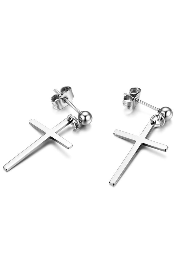 1 Pairs Stainless Steel Silver Cross Dangle Stud Hinged Earrings for Men Women