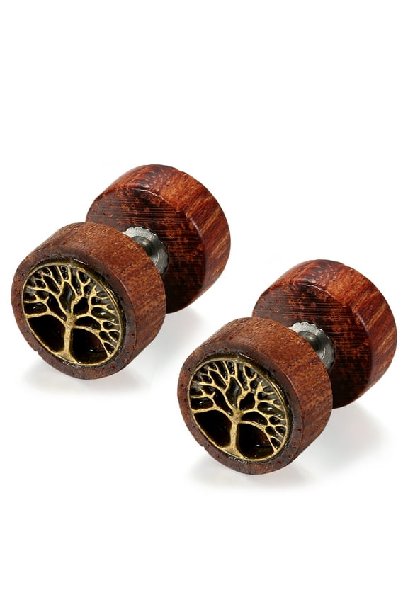 10mm Wood Tree of Life Piercing Fake Gauges Earrings Stud for Men Women