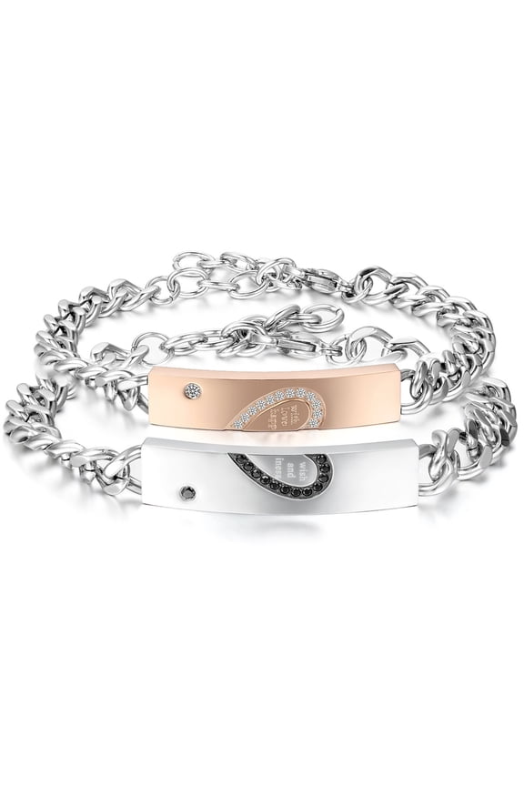 2 PCS Stainless Steel Love Heart Matching ID Couples Bracelet Link Chain Wristband-with Wish Love and Happines
