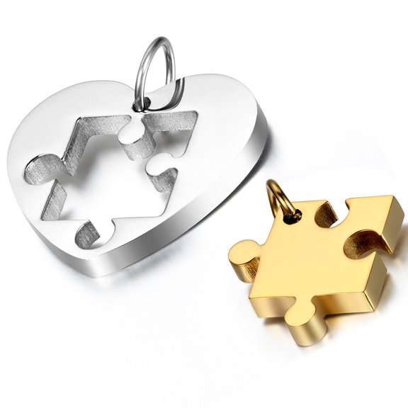 OIDEA 2PCS Stainless Steel Couples Love Heart Puzzle Pendant Necklace for Valentines Day, Chain Included 18" and 22", Silver/Gold