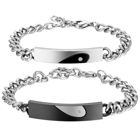 OIDEA 2PCS Stainless Steel Love Heart Matching Bracelet Bangle Wristband for Couples-Silver and Black