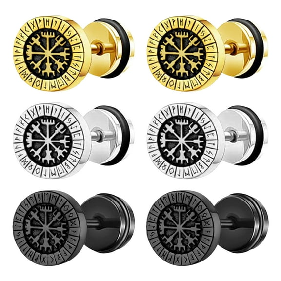 OIDEA 3-Pair Viking Compass Rune Fake Gauge Stud Earrings, Stainless Steel Punk Nordic Earrings for Men Women