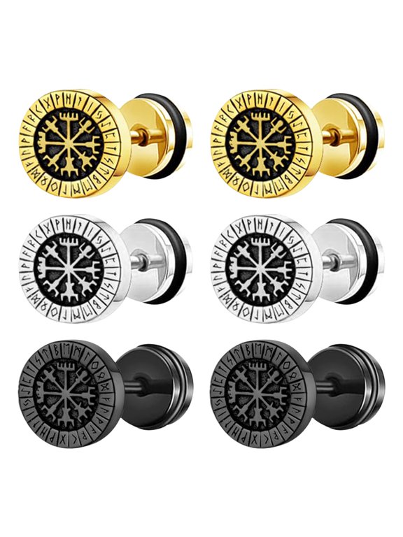 3-Pair Viking Compass Rune Fake Gauge Stud Earrings, Stainless Steel Punk Nordic Earrings for Men Women