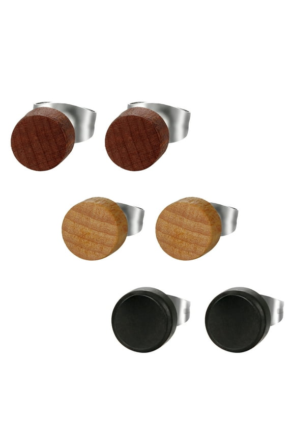 3 Pairs 8MM Stainless Steel Wood Stud Earrings Pierced Post Earring for Men Women