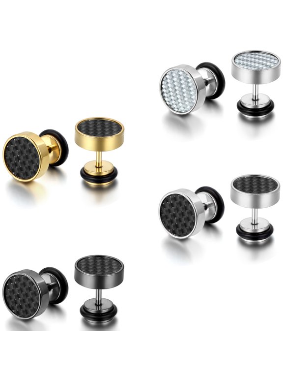 4Pairs Mens Stud Earrings 10mm Stainless Steel Illusion Tunnel Plug Screw Back with Carbon Fiber