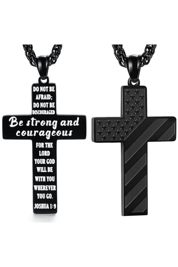 Black American Flag Patriotic Cross Necklace Bible Verse Pendant Necklace Chain Jewelry Gifts Stainless Steel - Be Strong