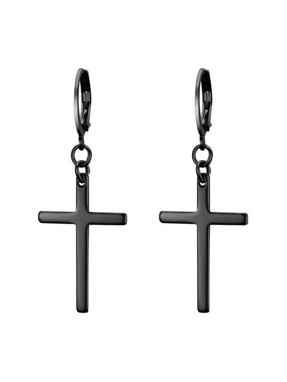 Punk Cross Dangle Hoops Earrings, Black Stainless Steel for Men Women Birthday Christmas Halloween