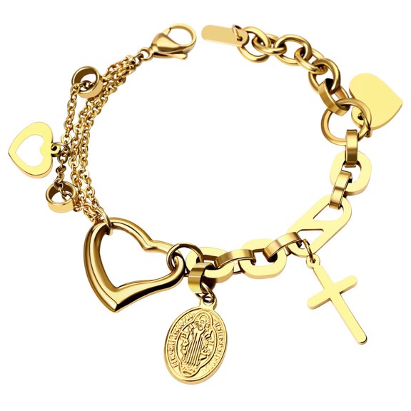 OIDEA Gold Saint Benedict Cross and Heart Charm Bracelet Catholic Religious Jewelry for Women, Stainless Steel