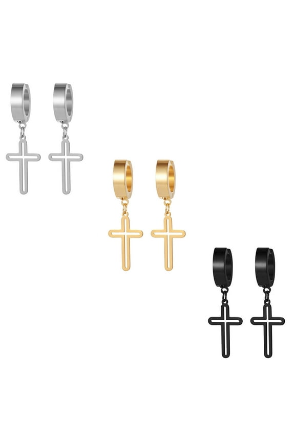 Non-piercing Clip On Hallow Cross Dangle Hoop Earrings Stainless Steel - 3Pairs