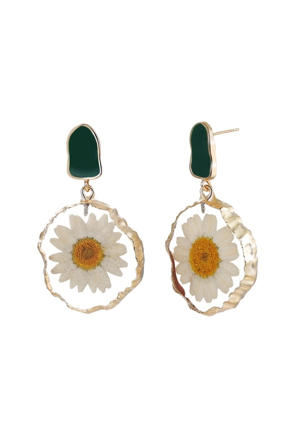 Pressed Flower Daisy Earrings for Women, Boho Hypoallergenic Acrylic Enamel Floral Dangle Drop Earrings for Everyday Wear and Vacation