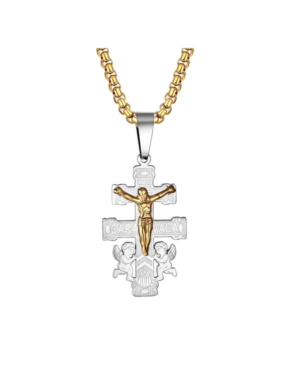 Religious Caravaca Double Cross Crucifix Pendant Necklace Stainless Steel Silver Gold for Christmas Easter
