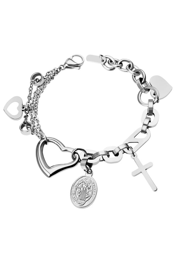 Silver Saint Benedict Cross and Heart Charm Bracelet Catholic Religious Jewelry for Women, Stainless Steel