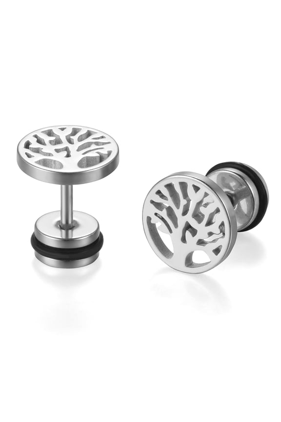 Stainless Steel Hollow Tree of Life Stud Earrings for Men Women-Silver