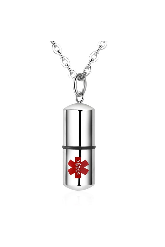 Stainless Steel Medical Alert ID Pill Shape Keepsake Holder Pendant Necklace 21.6inch