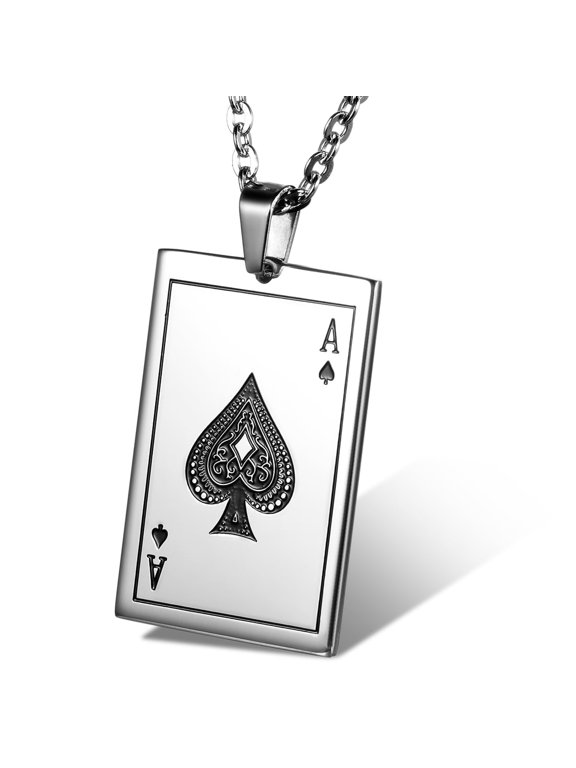Stainless Steel Punk Rock Poker Card Ace Pendant Necklace for Men - Silver 22inch Chain