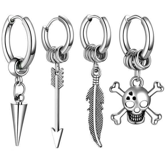 OIDEA Stainless Steel Punk Skull Spike Feather Arrow Dangle Hoop Earrings for Men Women