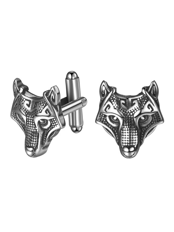 Viking Wolf head Cuff Links Silver Stainless Steel Tuxedo Shirt CuffLink Jewelry Gift for Men Father Husband or Son