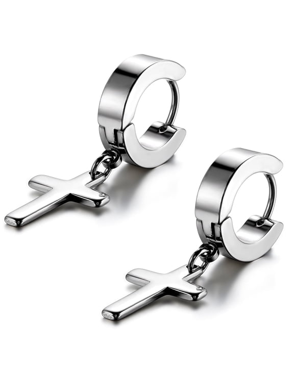 Vintage Stainless Steel Cross Dangle Earrings Hoops for Men Women Easter Christmas-Silver